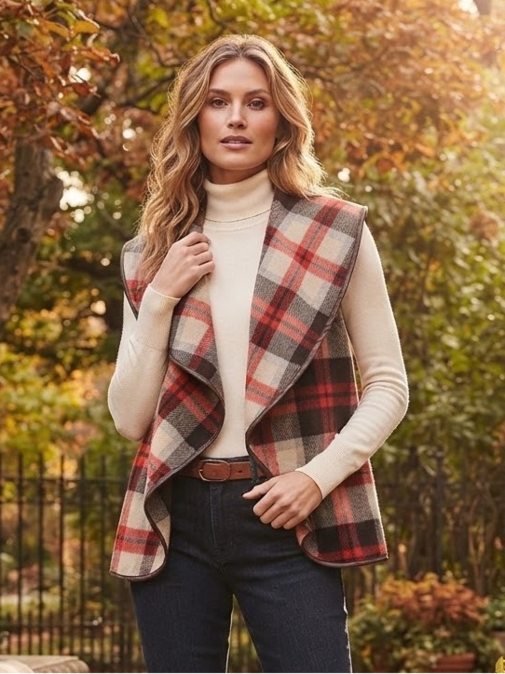 Plaid Open-Front Poncho Vest in Cream & Red